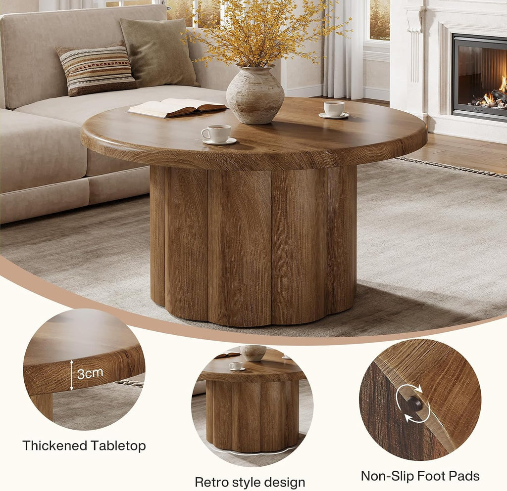 Tribesigns 31.5" Round Coffee Table for Living Room, Farmhouse Circle Center Cocktail Table with Fluted Drum Base, Wooden Living Room Furniture for Apartment, Small Space, Brown