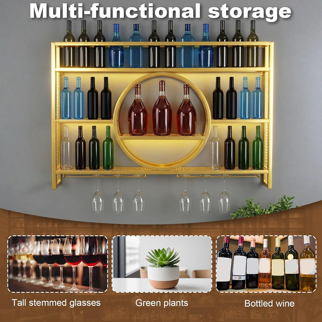 Metal Wall Mounted Wine Rack 3 Tier with LED Light Large Capacity Modern Liquor Shelves with Glass Holder Storage for Home Bar Dining Room Kitchen Living Room