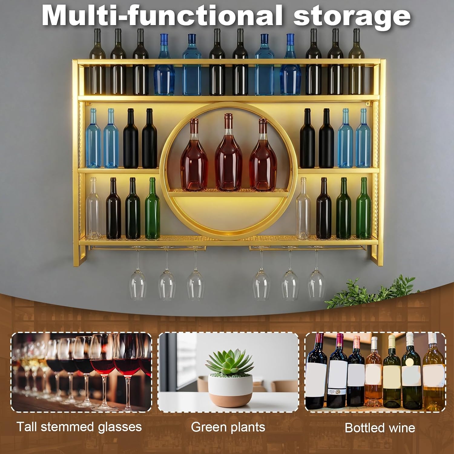 Metal Wall Mounted Wine Rack 3 Tier with LED Light Large Capacity Modern Liquor Shelves with Glass Holder Storage for Home Bar Dining Room Kitchen Living Room