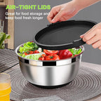 LIANYU Stainless Steel Nesting Mixing Bowls Set of 6 with Airtight Lids, Size 7, 3.5, 2.5, 2, 1.5, 1QT, Large Metal Bowls for Baking Cooking Food Storage, Non-slip Bottom, Black