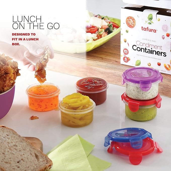 Salad Dressing Container to go, 6 Pack | 2.7 Oz. Dressing Containers for Lunch Box | Small Containers with Lids | Dip Containers for Lunch Box | Condiment Containers with Lids, Leakproof, BPA Free