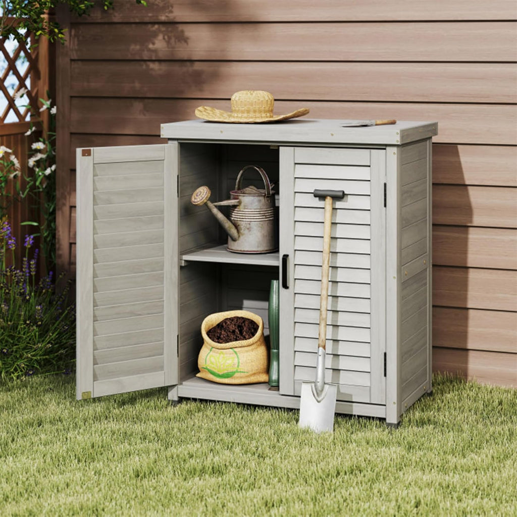 32" Solid Wood Storage Cabinet, Sideboard Cabinets with Metal Table Top, Living Room Organizer with Louvered Ventilation for Outdoor Patios, Grey