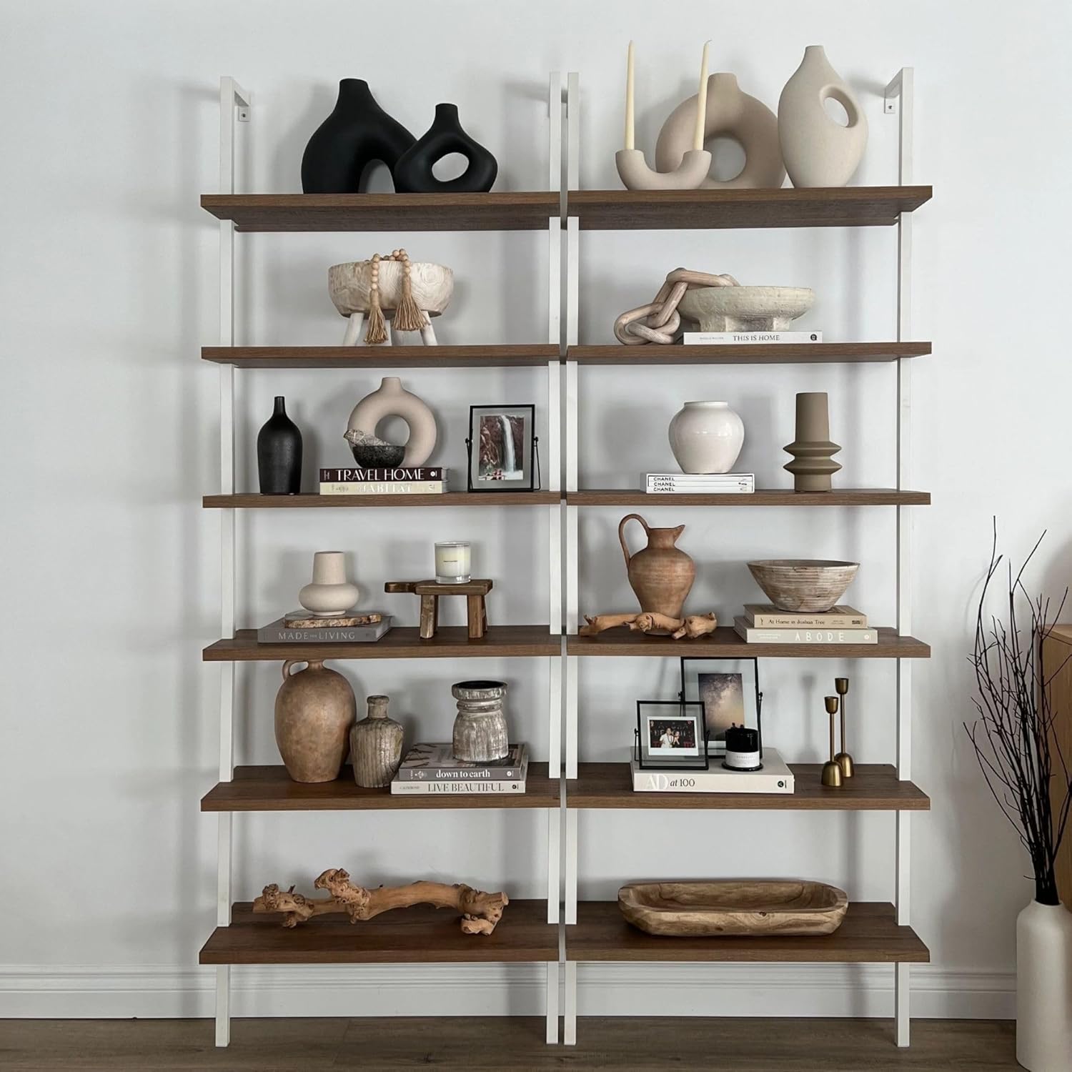 Nathan James Theo 6-Shelf Tall Bookcase, Wall Mount Bookshelf with Natural Wood Finish and Industrial Metal Frame, Rustic Oak/White, Set of 2
