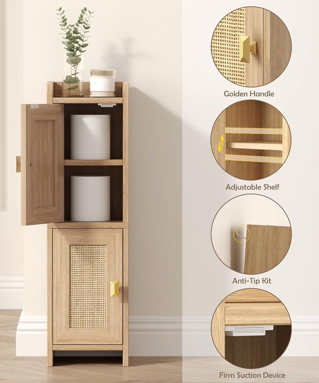 Akxomel Rattan Small Bathroom Cabinet Narrow Toilet Paper Organizer Oak | 7.9''D x 7.9''W Bathroom Organizer and Storage Cabinet for Small Space, Slim Corner Unit with Adjustable Shelf