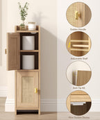 Akxomel Rattan Small Bathroom Cabinet Narrow Toilet Paper Organizer Oak | 7.9''D x 7.9''W Bathroom Organizer and Storage Cabinet for Small Space, Slim Corner Unit with Adjustable Shelf
