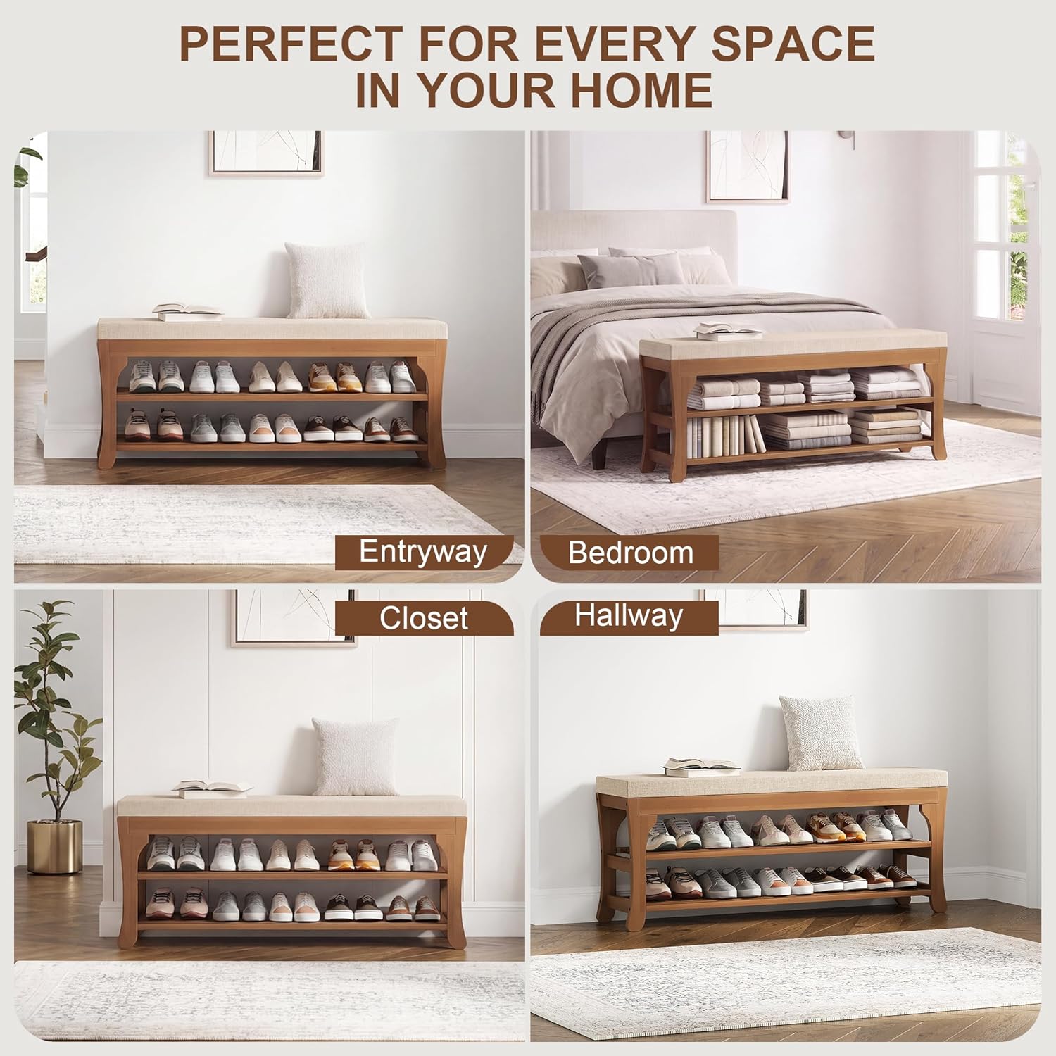 PETKABOO 39.4" Shoe Storage Bench with Cushion, Bamboo Shoe Rack Bench, 2-Tier Entryway Shoe Organizer, Supports up to 380 LB, for Hallway, Bedroom, Closet, Living Room