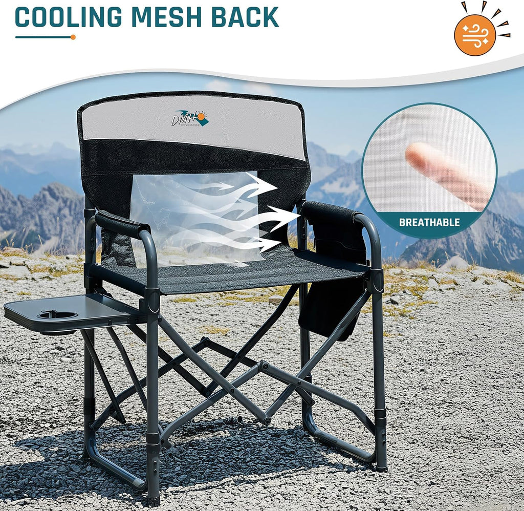 DMH OUTDOORS Camping Directors Chair with Side Table & Breeze Mesh Backrest | Oversized Heavy Duty Lawn Chairs with Pocket, 1-Step Setup Portable Folding Camp Chair for Beach, Sports, Fishing, Tailgating