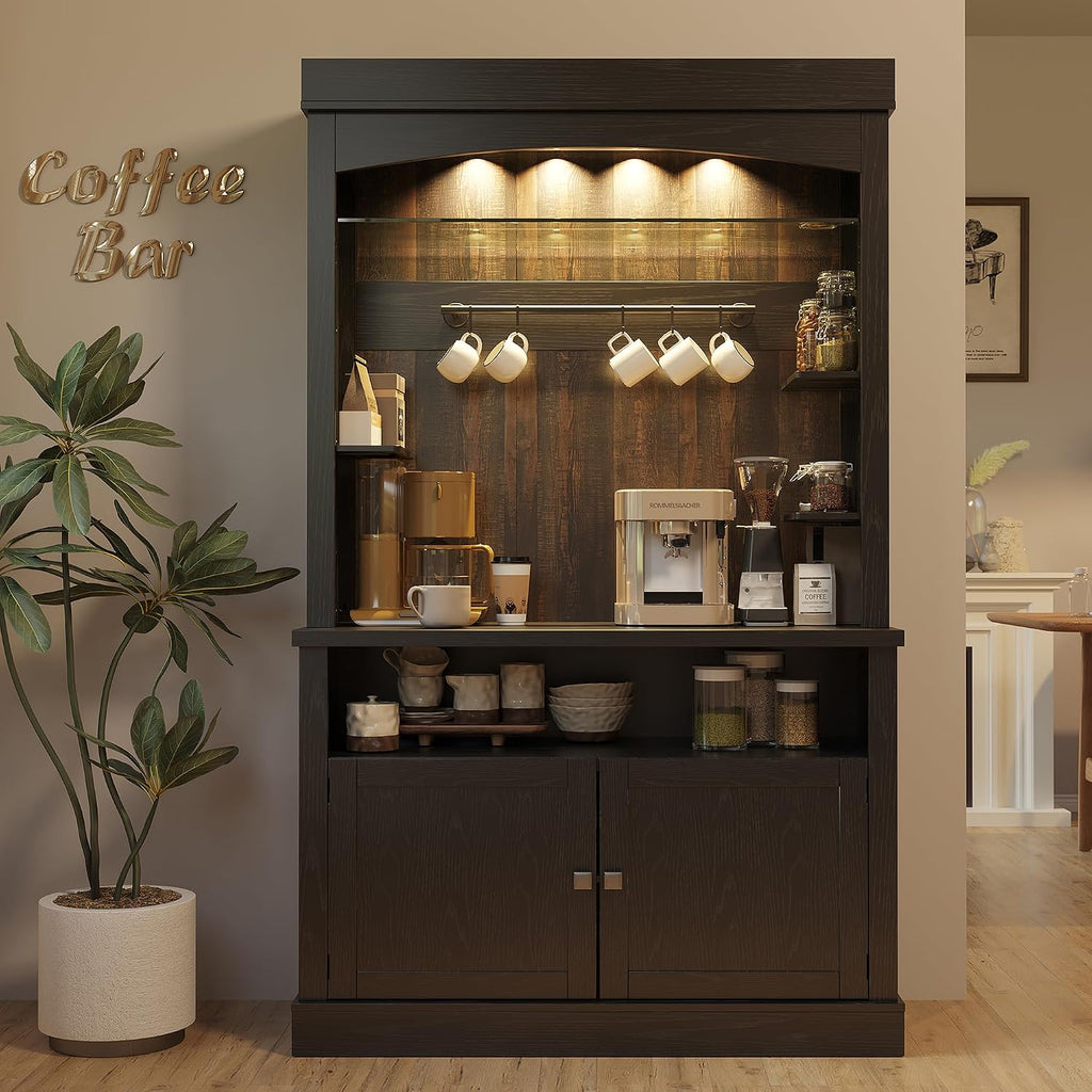 Takywep Tall Coffee Hutch with LED Lights Tall CoffeeBar Cabinet Farmhouse Buffet Cabinet with Storage Kitchen Sideboard with Microwave Stand/Wine Rack/Glass Shelf