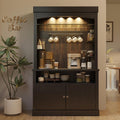Takywep Tall Coffee Hutch with LED Lights Tall CoffeeBar Cabinet Farmhouse Buffet Cabinet with Storage Kitchen Sideboard with Microwave Stand/Wine Rack/Glass Shelf