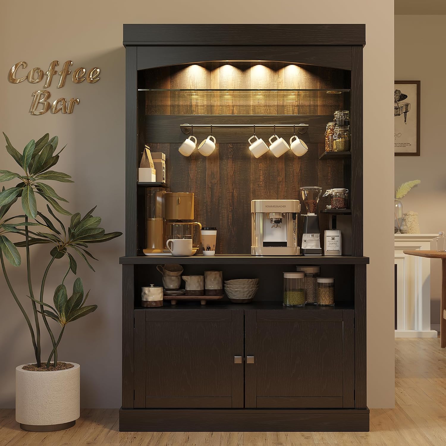 Takywep Tall Coffee Hutch with LED Lights Tall CoffeeBar Cabinet Farmhouse Buffet Cabinet with Storage Kitchen Sideboard with Microwave Stand/Wine Rack/Glass Shelf