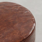 SIMPLIHOME Connor 18" Wide Genuine Leather Round Pouf in Weathered Camel | Boho leather pouf with polystyrene filling; assembled footstool, round ottoman or extra seating for living room or bedroom.