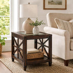 Set of 2 Solid Wood End Tables with Tempered Glass Top, 28" x 24" Large Farmhouse Side Table for Living Room, Bedroom & Office, Vintage Walnut