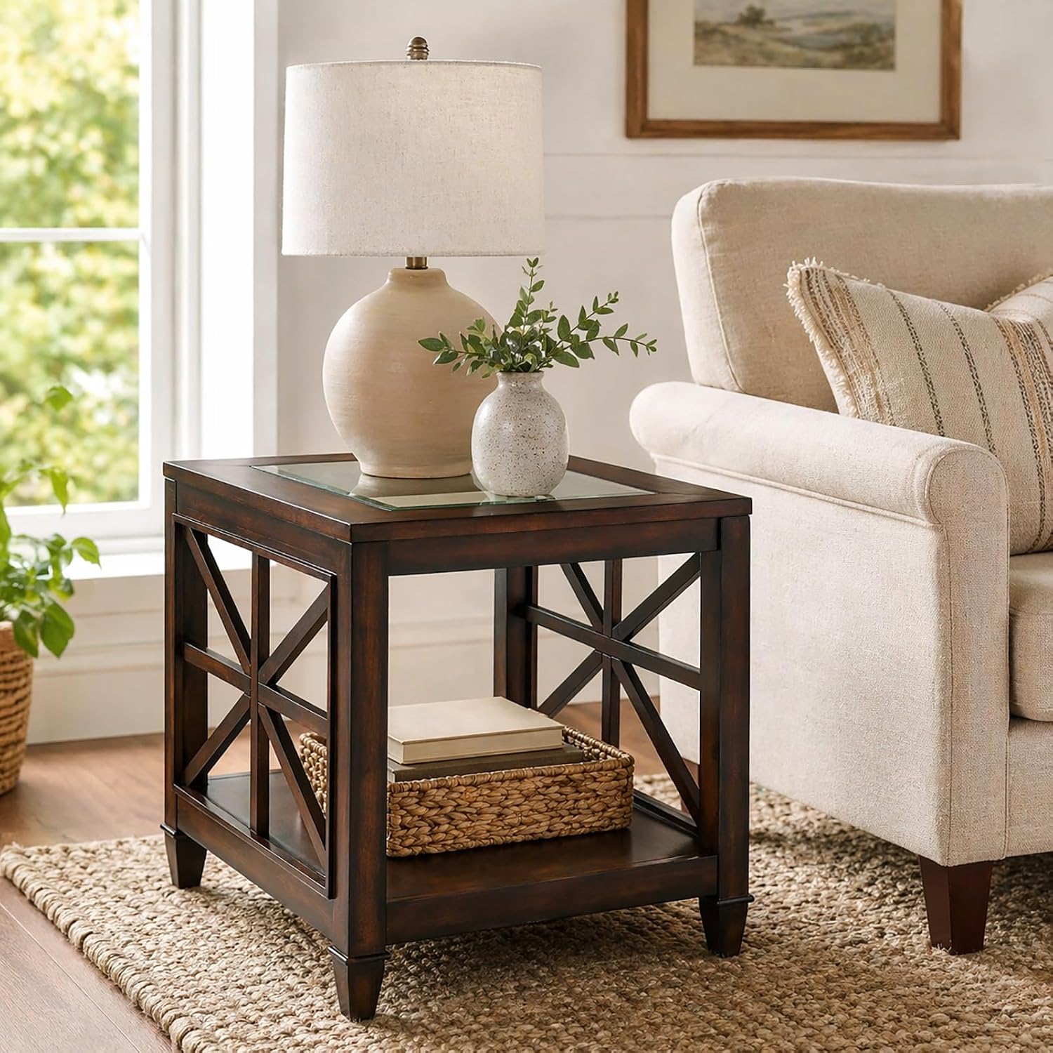 Set of 2 Solid Wood End Tables with Tempered Glass Top, 28" x 24" Large Farmhouse Side Table for Living Room, Bedroom & Office, Vintage Walnut
