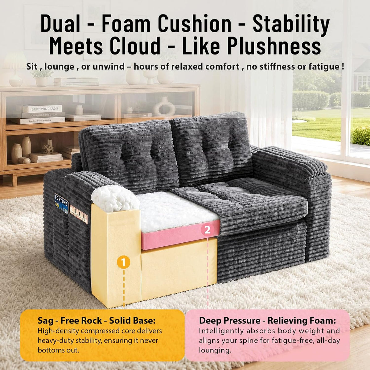 Loveseat Sofa for Living Room, Small Cloud Couch with Double-Density Foam Support, Removable Washable Corduroy Cover & 4 Pillows, Comfy Floor Sofa, Compact Couch for Small Spaces, Dark Grey