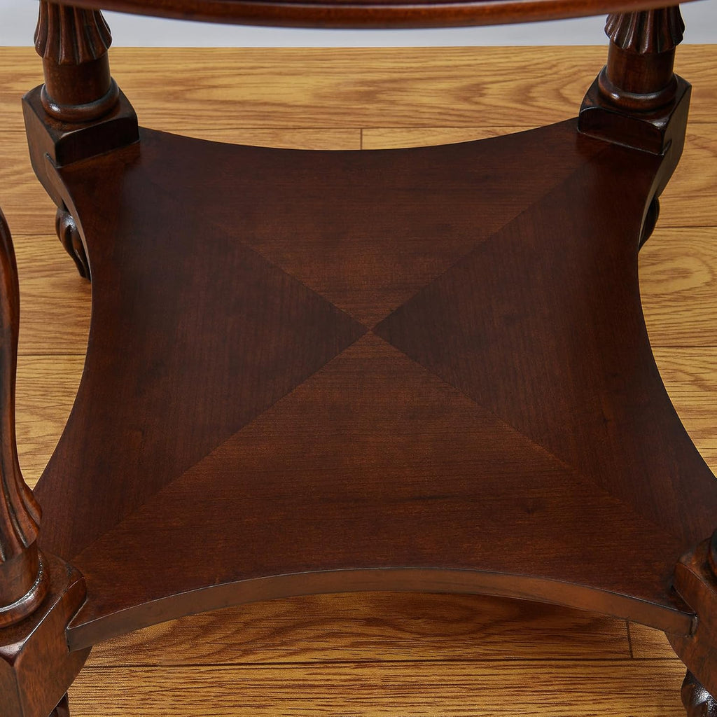 Vintage Solid Wood Oval End Table with Tempered Glass Top, 28"x24" Side Table with Carved Edge, Cherry Walnut Finish for Living Room