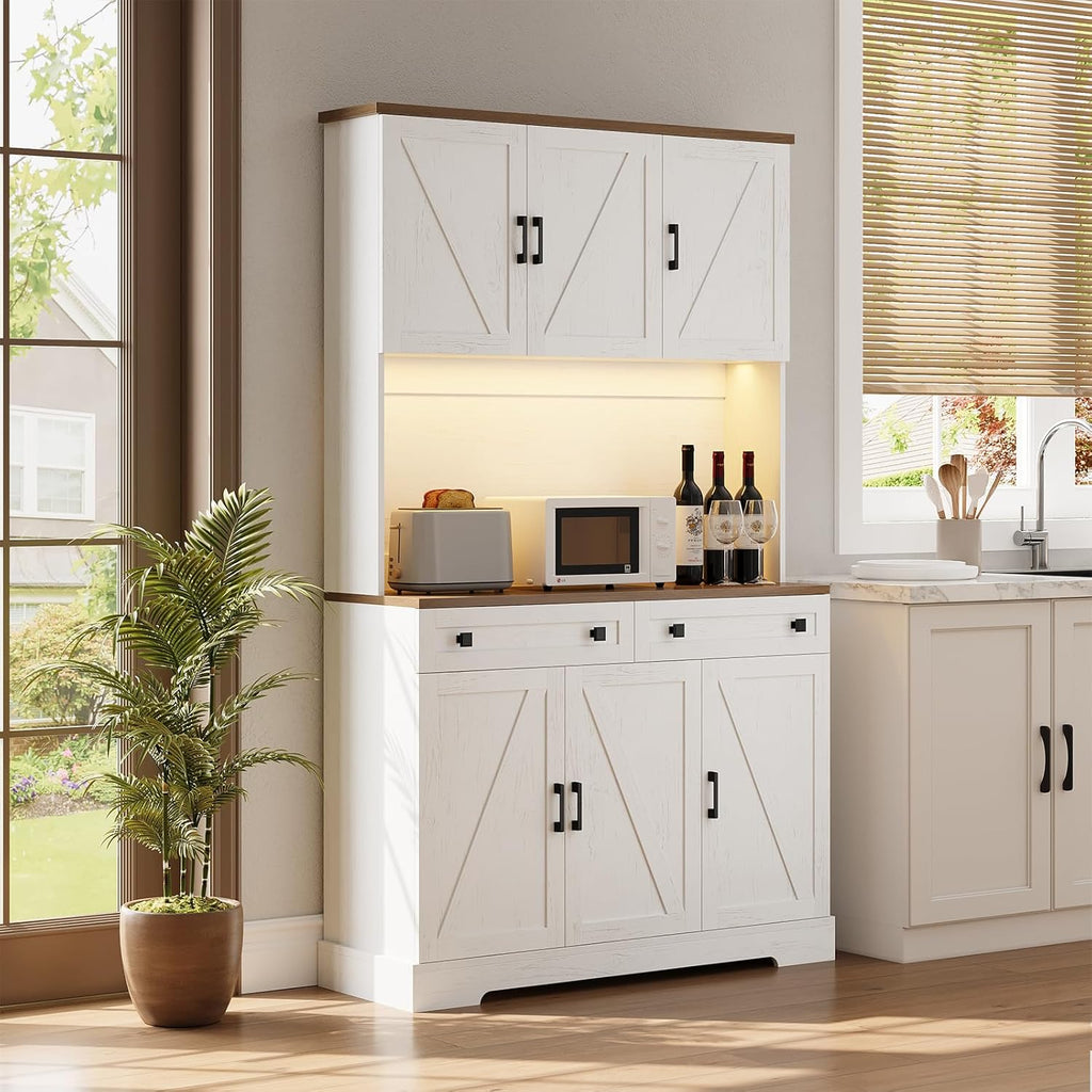 ELYKEN 71" Kitchen Pantry Cabinet with Charging Station & LED Lights, Tall Kitchen Storage Cabinet with Hutch, Farmhouse Pantry with Door Shelf & Pull Out Shelf for Dining Room Kitchen, White