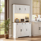 ELYKEN 71" Kitchen Pantry Cabinet with Charging Station & LED Lights, Tall Kitchen Storage Cabinet with Hutch, Farmhouse Pantry with Door Shelf & Pull Out Shelf for Dining Room Kitchen, White
