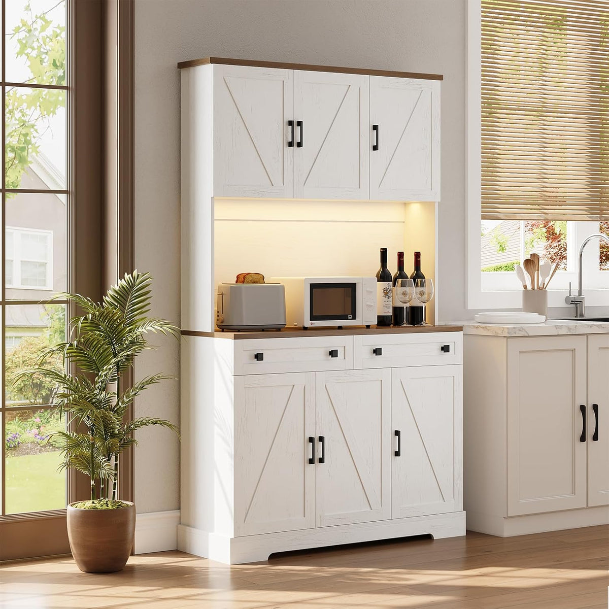 ELYKEN 71" Kitchen Pantry Cabinet with Charging Station & LED Lights, Tall Kitchen Storage Cabinet with Hutch, Farmhouse Pantry with Door Shelf & Pull Out Shelf for Dining Room Kitchen, White