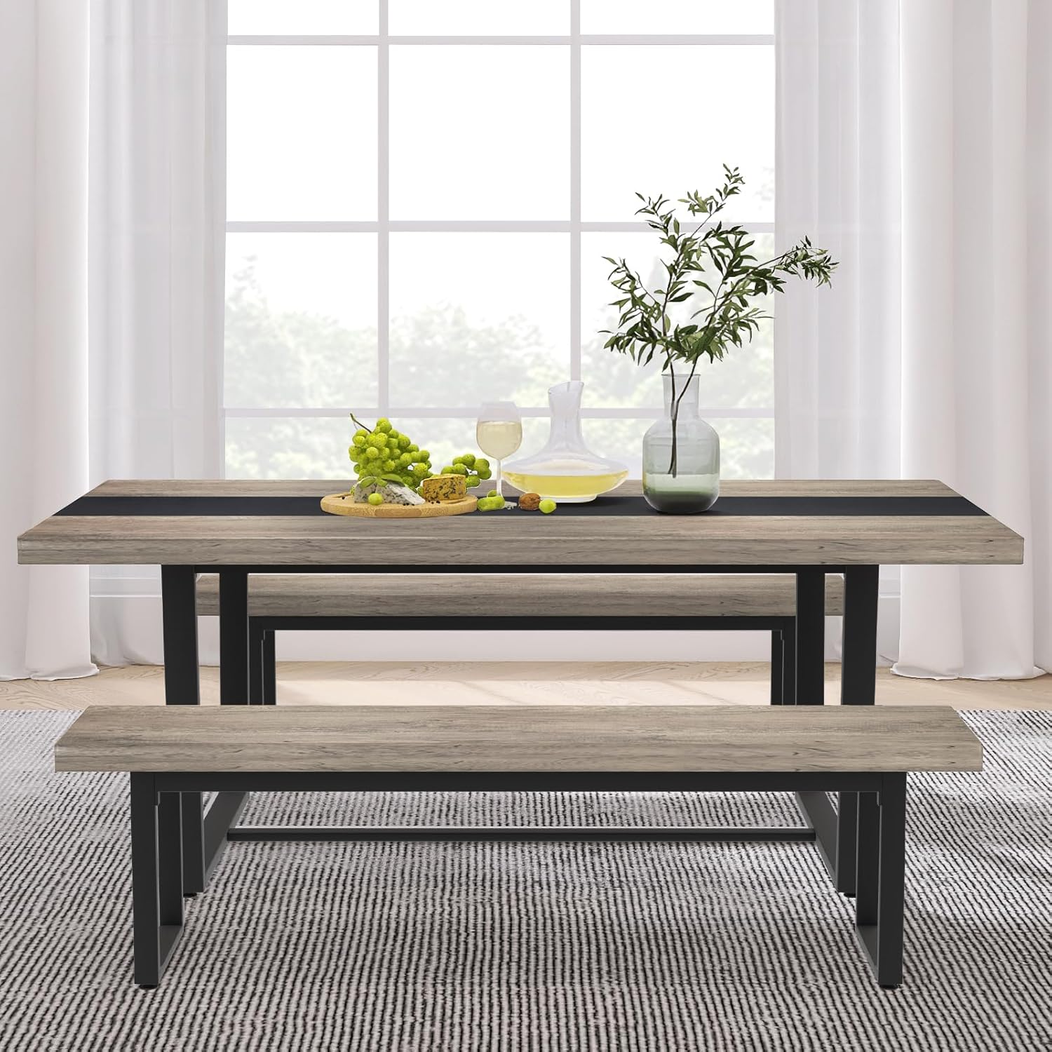 STHOUYN 59” Dining Bench Pair of 2 for 6-8 Person, Farmhouse Indoor Kitchen Table Benches, Bed Bench, Industrial Shoe Bench (Grey 2pcs)