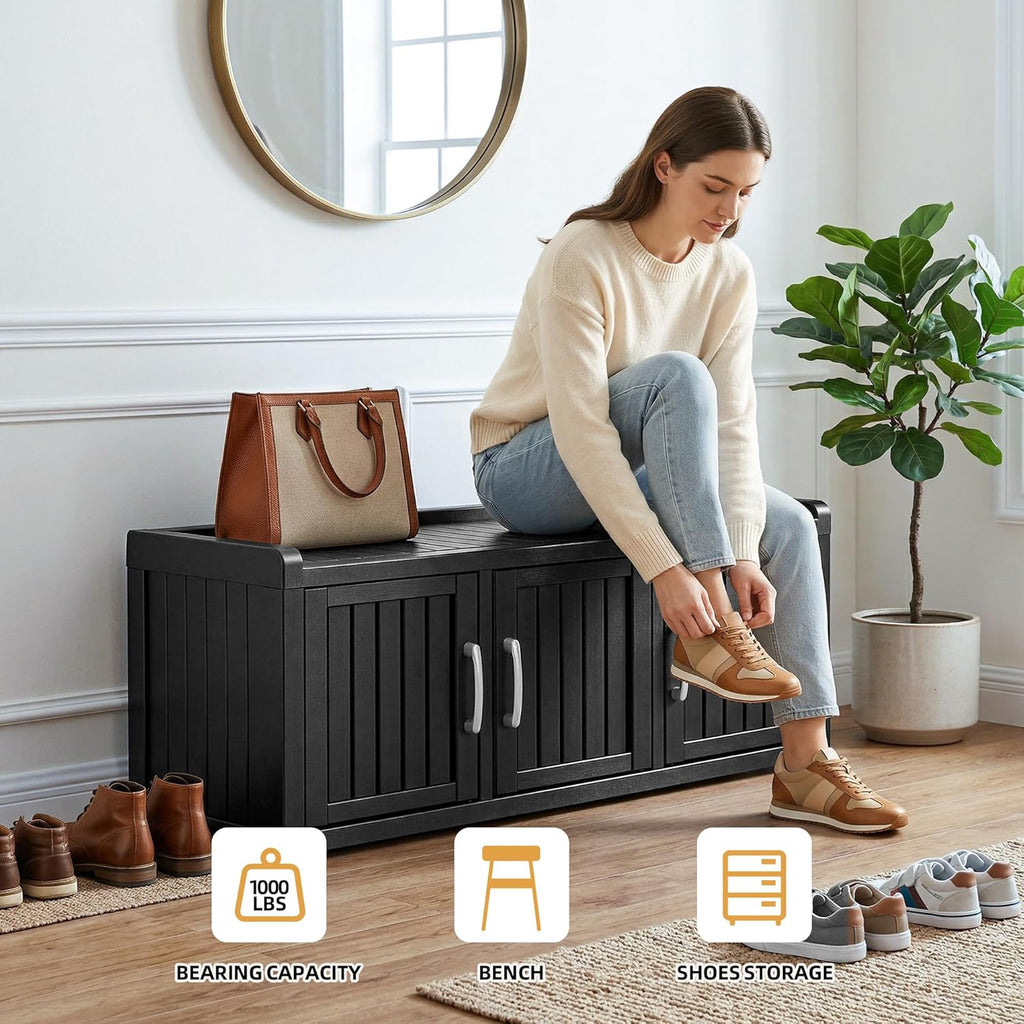 EFU Shoe Bench with Storage, Shoe Cabinet Indoor Outdoor with Adjustable Shelves, Waterproof Shoe Organizer with 3 Doors for Entryway, Bedroom, Living Room (Black)