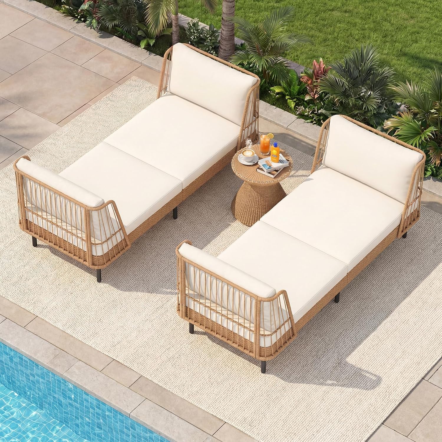 HAPPYGRILL Outdoor Wicker Daybed, Rattan Patio Couch Sofa Bed with Armrests, Cushions & Pillows, Boho 2-Seater Lounge for Porch, Backyard, Garden, Poolside (1)