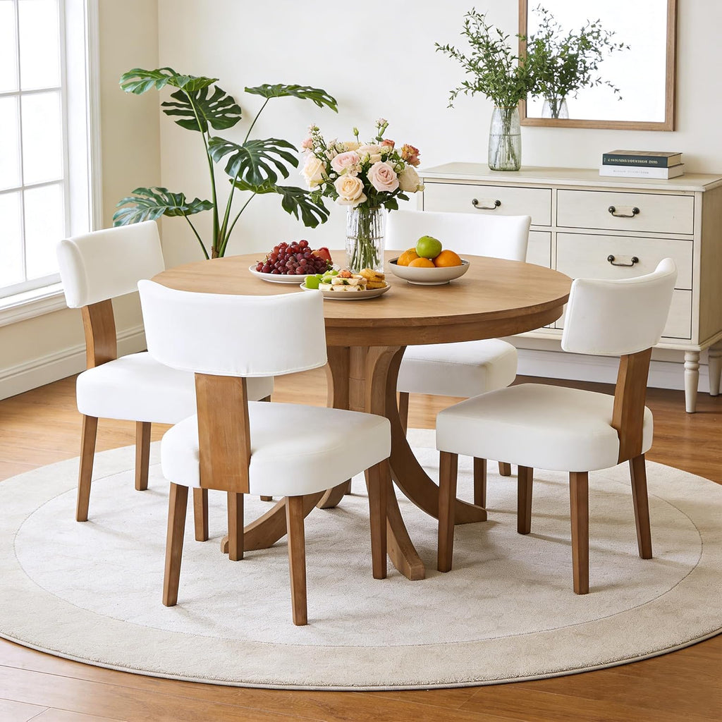 Upholstered Dining Chairs Set of 2, Mid Century Modern Linen Dining Chairs, Armless Side Chairs with Curved Back and Wood Legs for Kitchen, Dining Room, Living Room, Cream