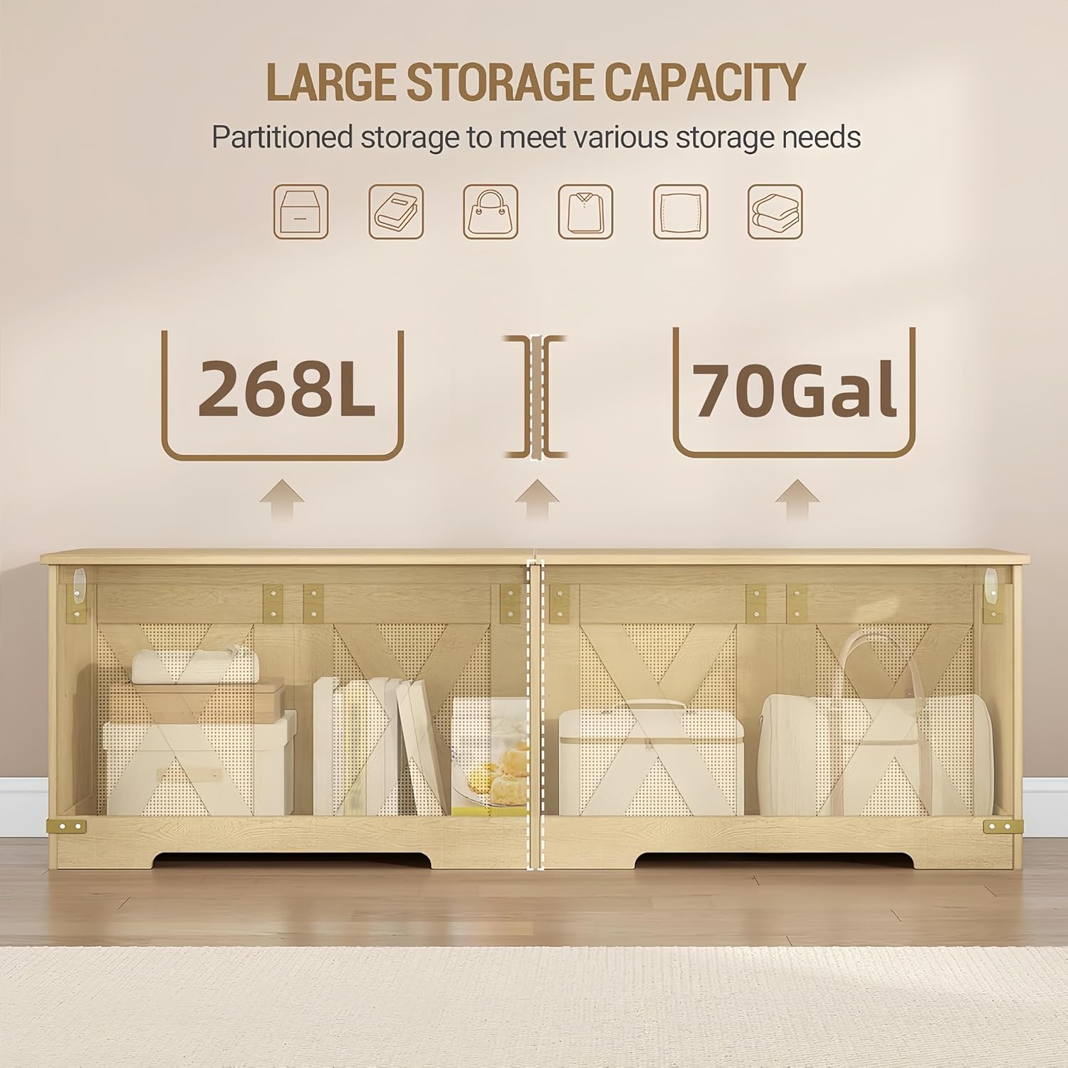 Hzuaneri 59" Boho Storage Chest and Bench | 70 Gal | 330lb Seat | Soft-Close Hinges | Camel Yellow | Shoe and Blanket Storage for Bedroom, Living Room, Entryway | Easy Assembly | SB15002Y