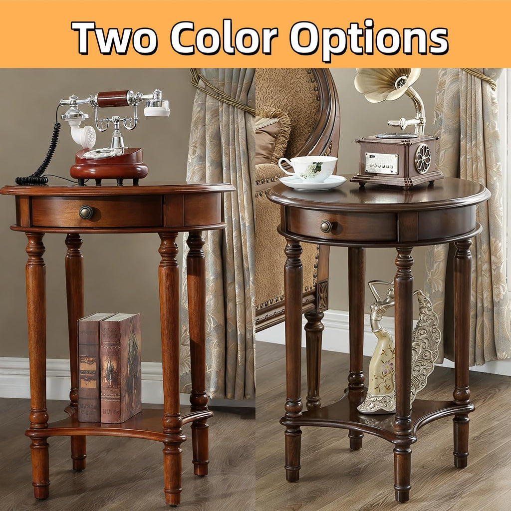 YUNMUAIR-Vintage End Side Table Solid Wood End Table with Drawer and Storage Shelf,26-Inch Tall Round Nightstand,Wooden Accent Table for Living Room Bedroom,No-Tools Assembly,Dark Walnut