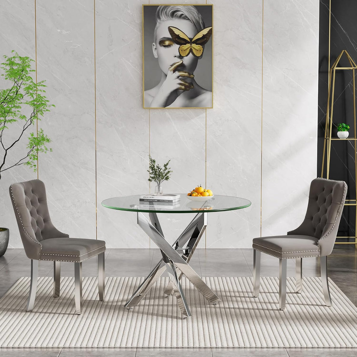 HomVent Silver Round Glass Dining Table Set for 2 with 2 Grey Velvet Chair | 47''Glass Kitchen Table Set Round Table Set of 2, Dining Room Table Set with Glass Top for Dining Room Home Family Gathering