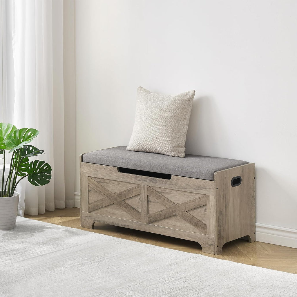 IDEALHOUSE 39.4" Storage Bench with 2 Safety Hinges, Grey | Retro Wooden Storage Chest, Loads 300 lb, Easy Assembly, Storage Ottoman Bench for Bedroom Entryway Living Room