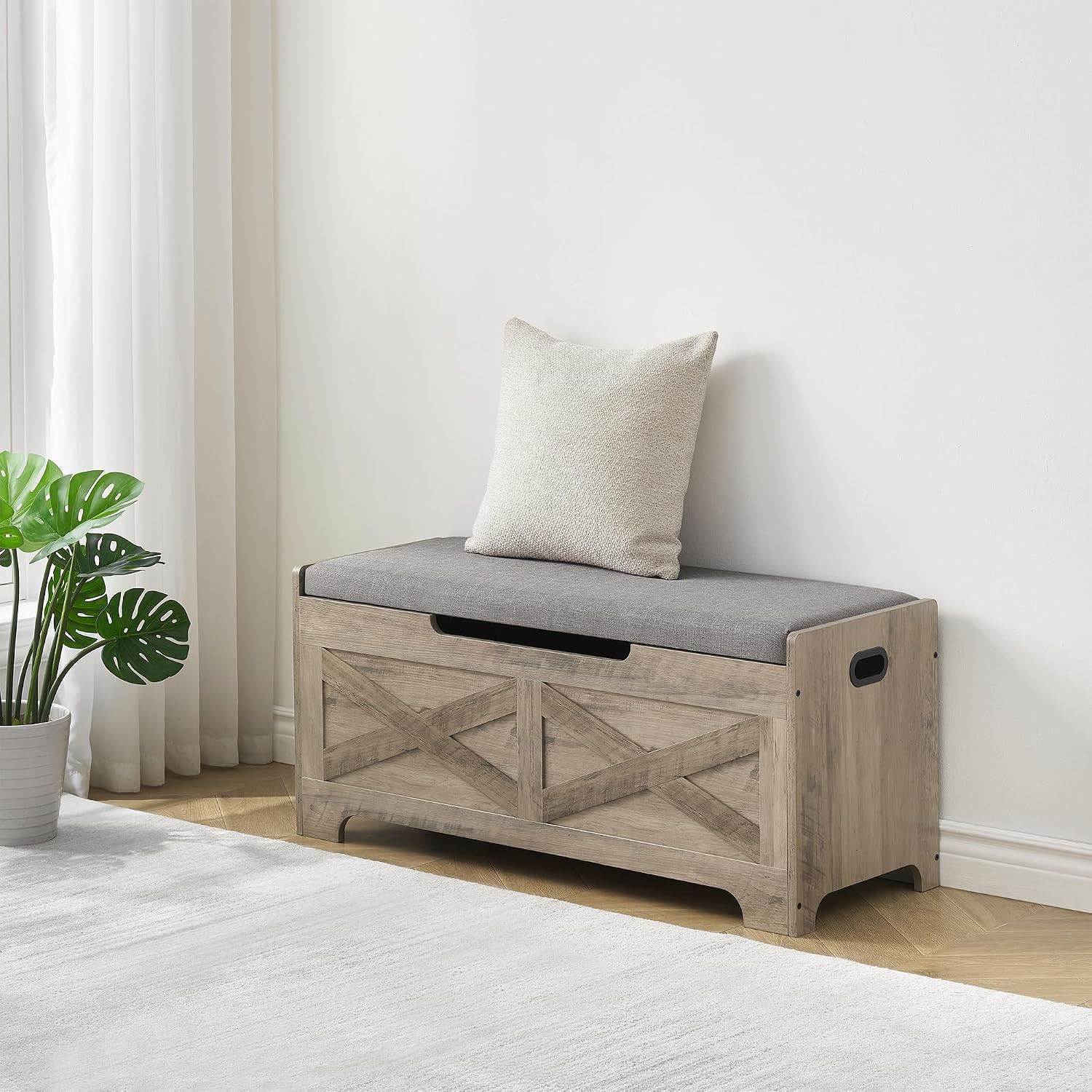 IDEALHOUSE 39.4" Storage Bench with 2 Safety Hinges, Grey | Retro Wooden Storage Chest, Loads 300 lb, Easy Assembly, Storage Ottoman Bench for Bedroom Entryway Living Room