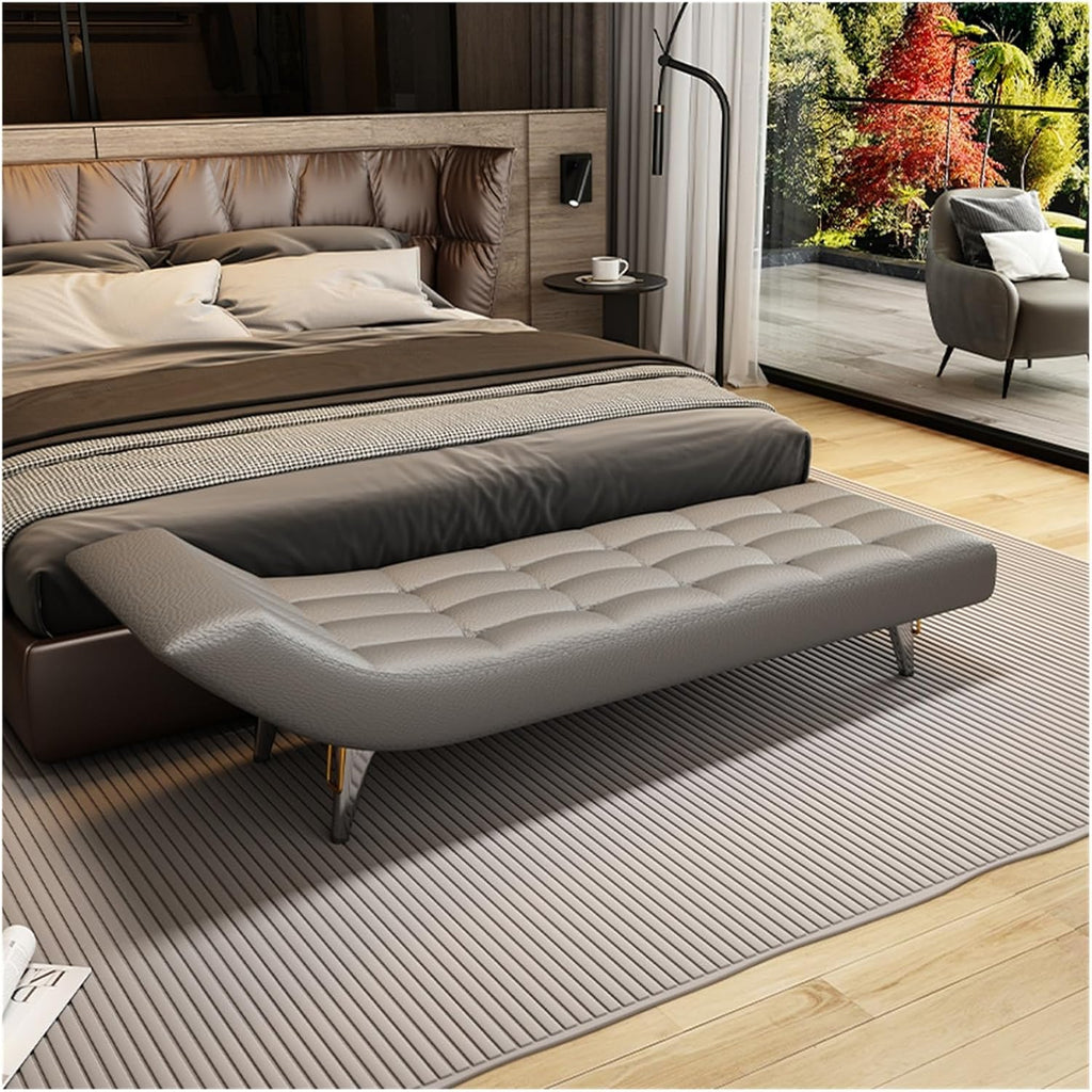 Modern End of Bed Bench, Upholstered Pu Leather Ottoman,Modern Tufted Long,Faux Fur Entryway with Metal Legs Entryway(Gris,1.8m)