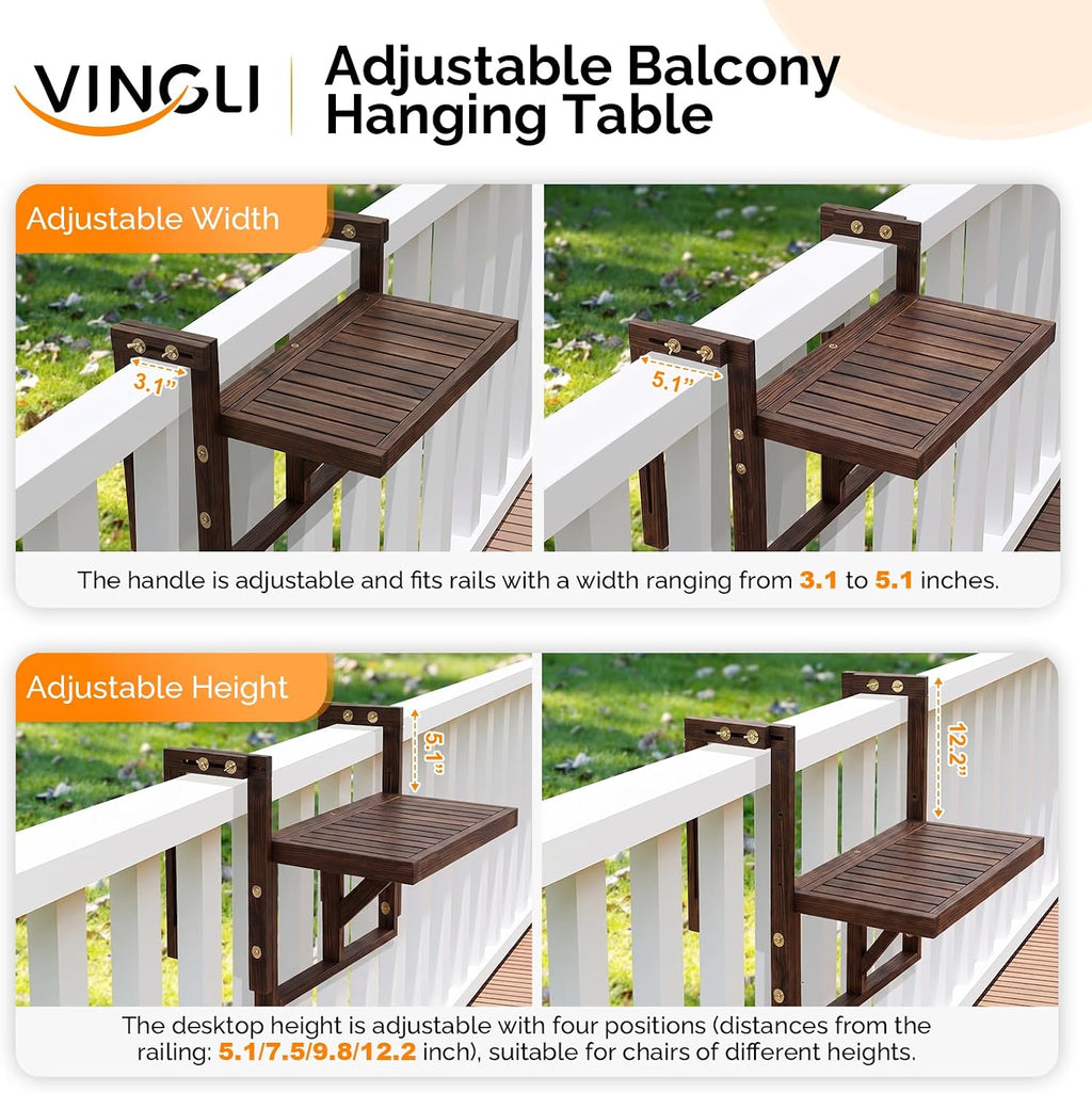 VINGLI 22in Acacia Wood Folding Balcony Hanging Table – Adjustable Height & Width, Balcony Railing Table Ideal for Different Railing Widths, Perfect for Balcony, Patio, Rectangular,Carbonized Color