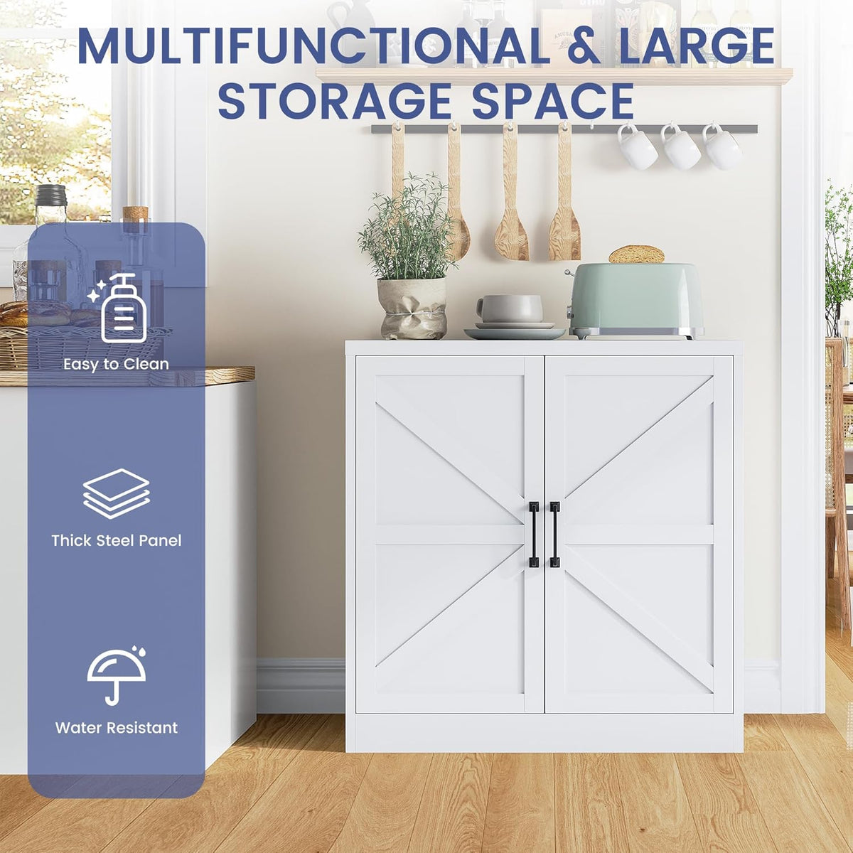 36" Metal Storage Cabinet, Farmhouse Kitchen Storage Cabinet with Doors and 2 Adjustable Shelves, Sideboard Buffet Cabinet,Short Storage Cabinets for Dining/Bathroom/Living/Room,Entryway, White