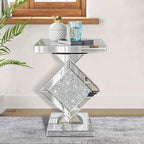 Crushed Diamond Mirrored End Table, Silver Side Accent Table, Small Mirrored Coffee Table for Living Room, Bedroom, 16"x16"x24"
