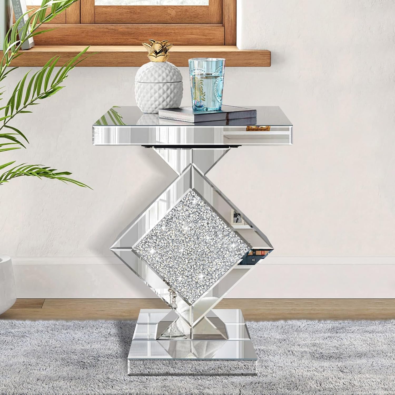 Crushed Diamond Mirrored End Table, Silver Side Accent Table, Small Mirrored Coffee Table for Living Room, Bedroom, 16"x16"x24"