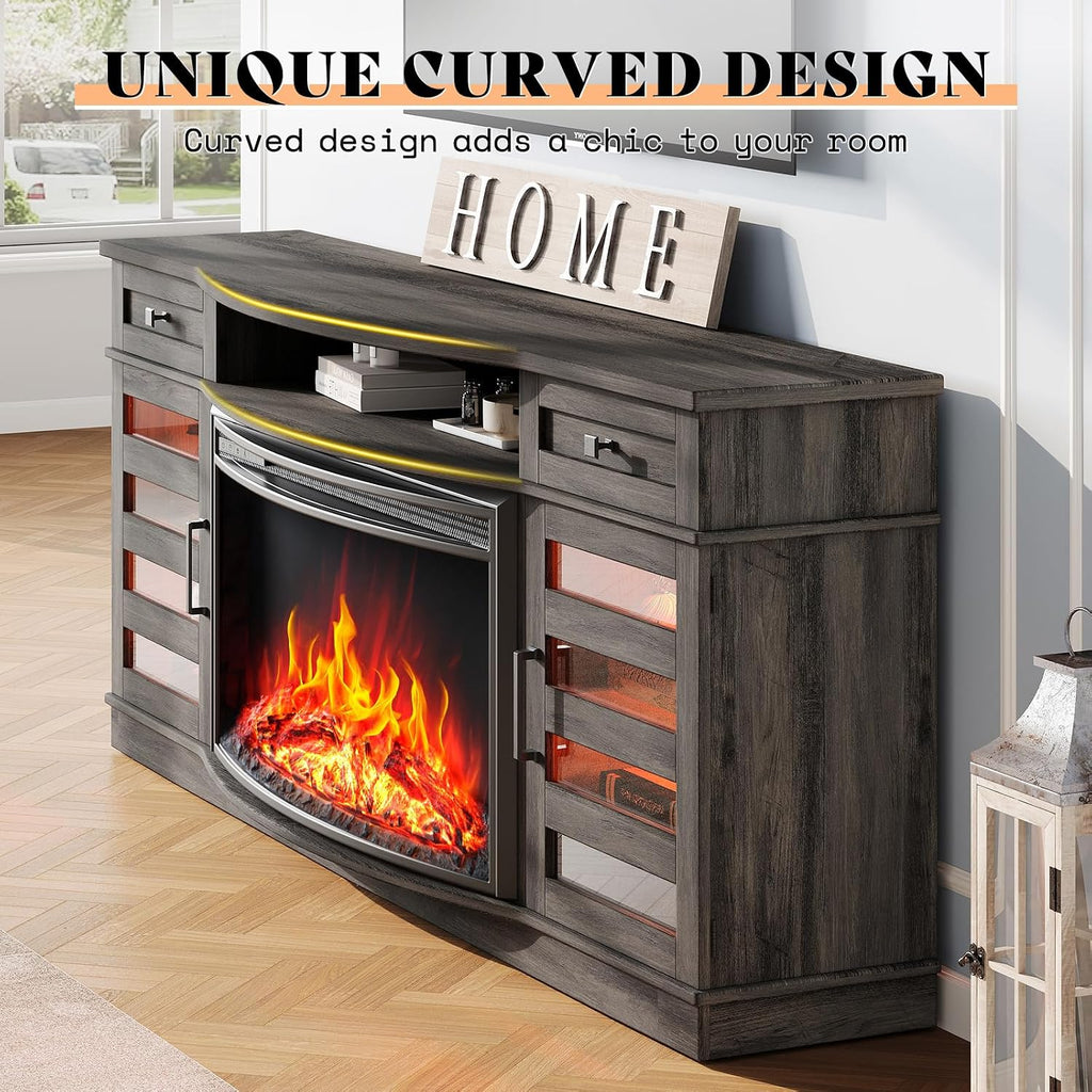 AMERLIFE 70" Fireplace TV Stand with 36'' Curved Electric Fireplace | Wash Gray LED TV Console, Farmhouse Living Room Entertainment Center, 2 Drawers & Adjustable Shelves, Fit TVs up to 80"