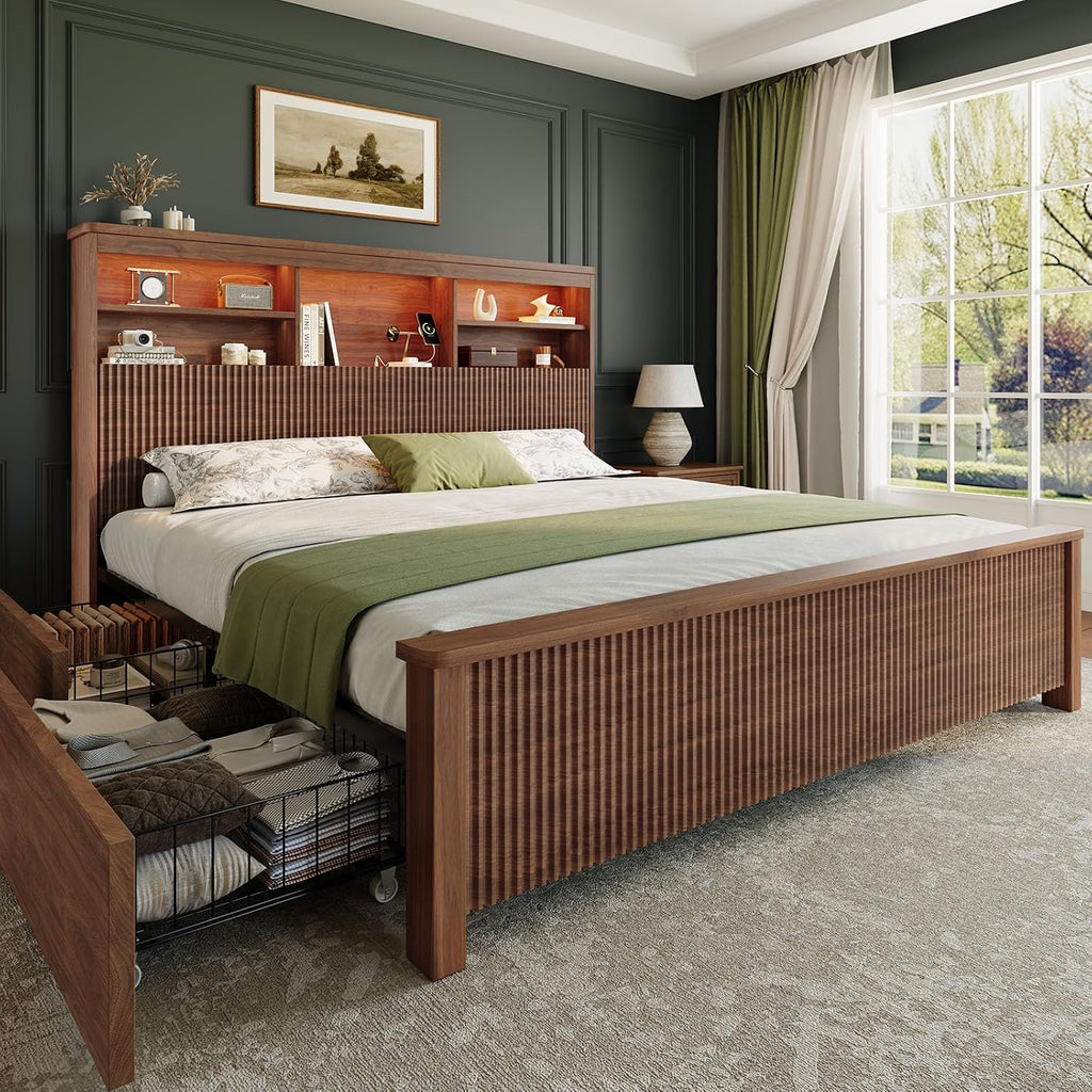 King Size Bed Frame with 4 Storage Drawers, Brown