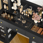 Wodeer Makeup Vanity Desk with Mirror and Lights, Black Vanity with Glass Top, LED Lights & Power Outlet, 3 Drawers & 2 RGB Glass Cabinets, Adjustable Lighted Dressing Table for Women & Girls Bedroom
