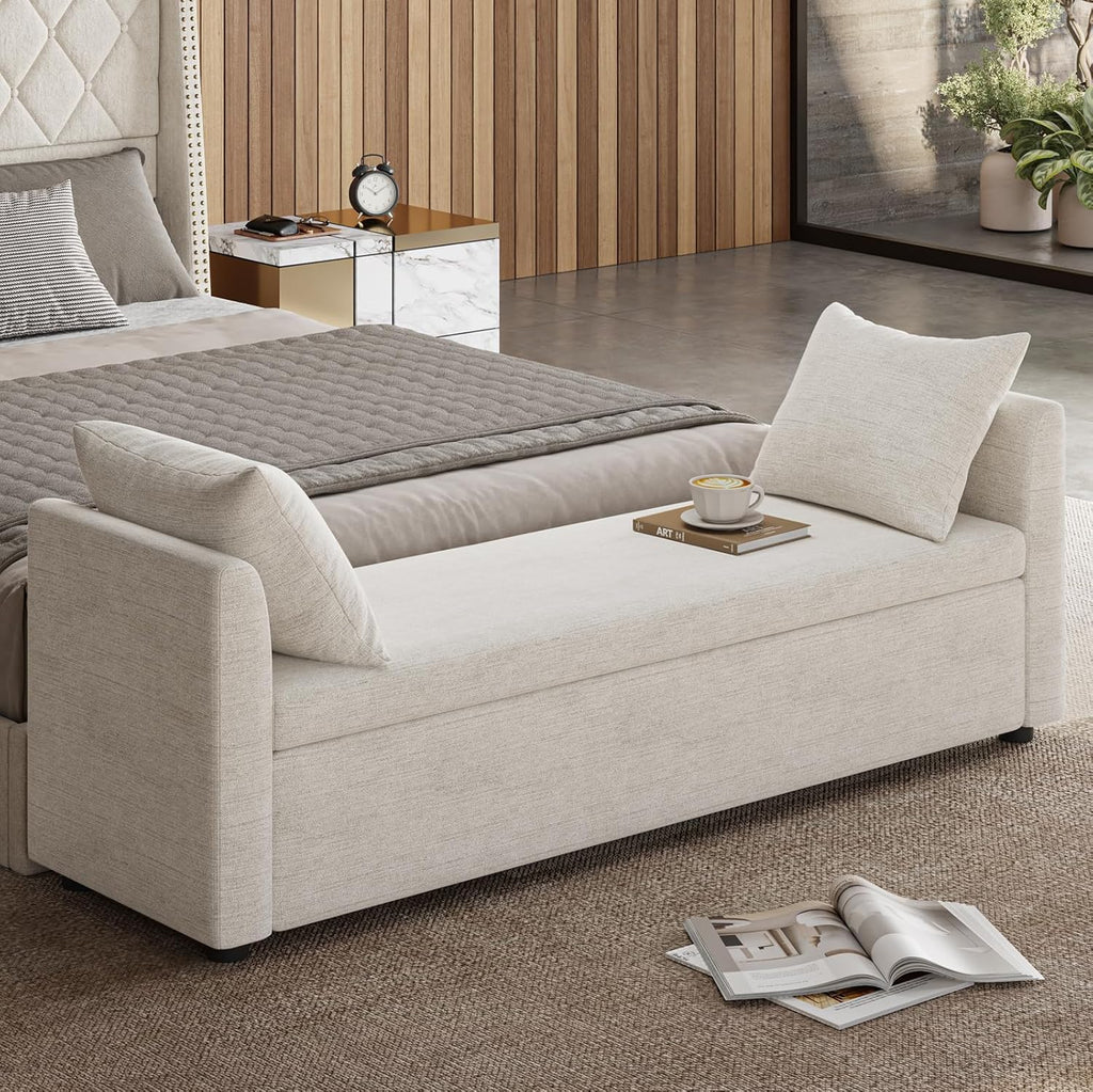 59.5" Modern Storage Ottoman Bedroom Bench, End of Bed Bench with Throw Pillows and Arms, Footrest Stool for Living Room, Dining Room, Entryway and Hallway, Linen