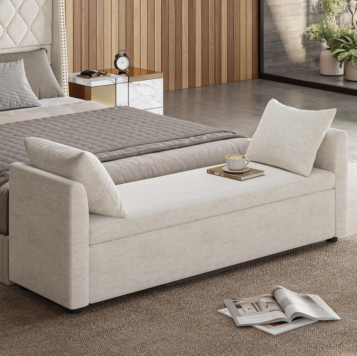 59.5" Modern Storage Ottoman Bedroom Bench, End of Bed Bench with Throw Pillows and Arms, Footrest Stool for Living Room, Dining Room, Entryway and Hallway, Linen