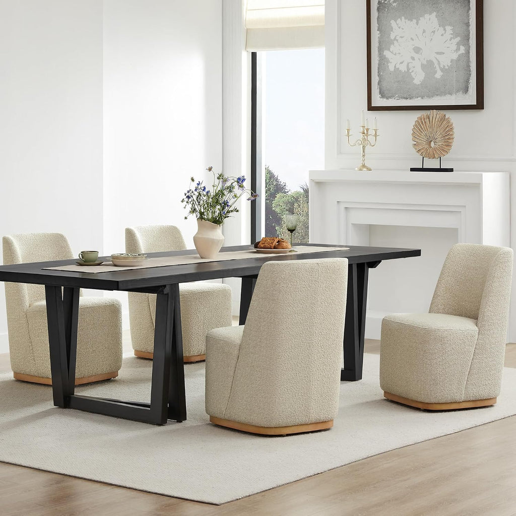 CHITA Upholstered Rolling Dining Chair on Casters Set of 4, Oatmeal | FSC Certified Modern Fabric Dining Chair with Casters, Boucle Dining Chairs for Reading Room Kitchen Dining Room