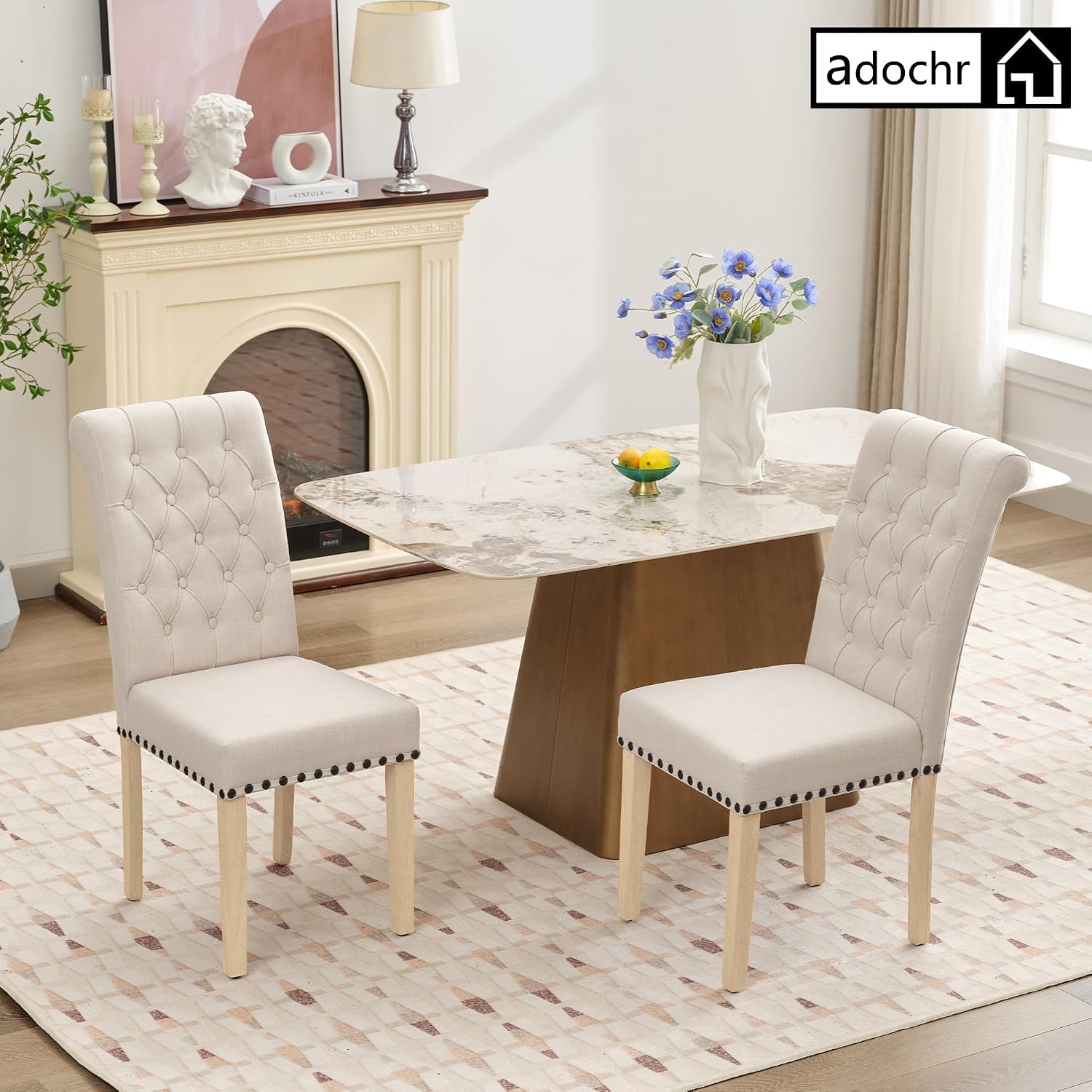 adochr Dining Chairs Set of 2, Linen Armless Parsons Chairs,Beige | Wooden Legs&Tufted Buttons, Upholstered Dining Room Chair for Kitchen/Dining/Living Room