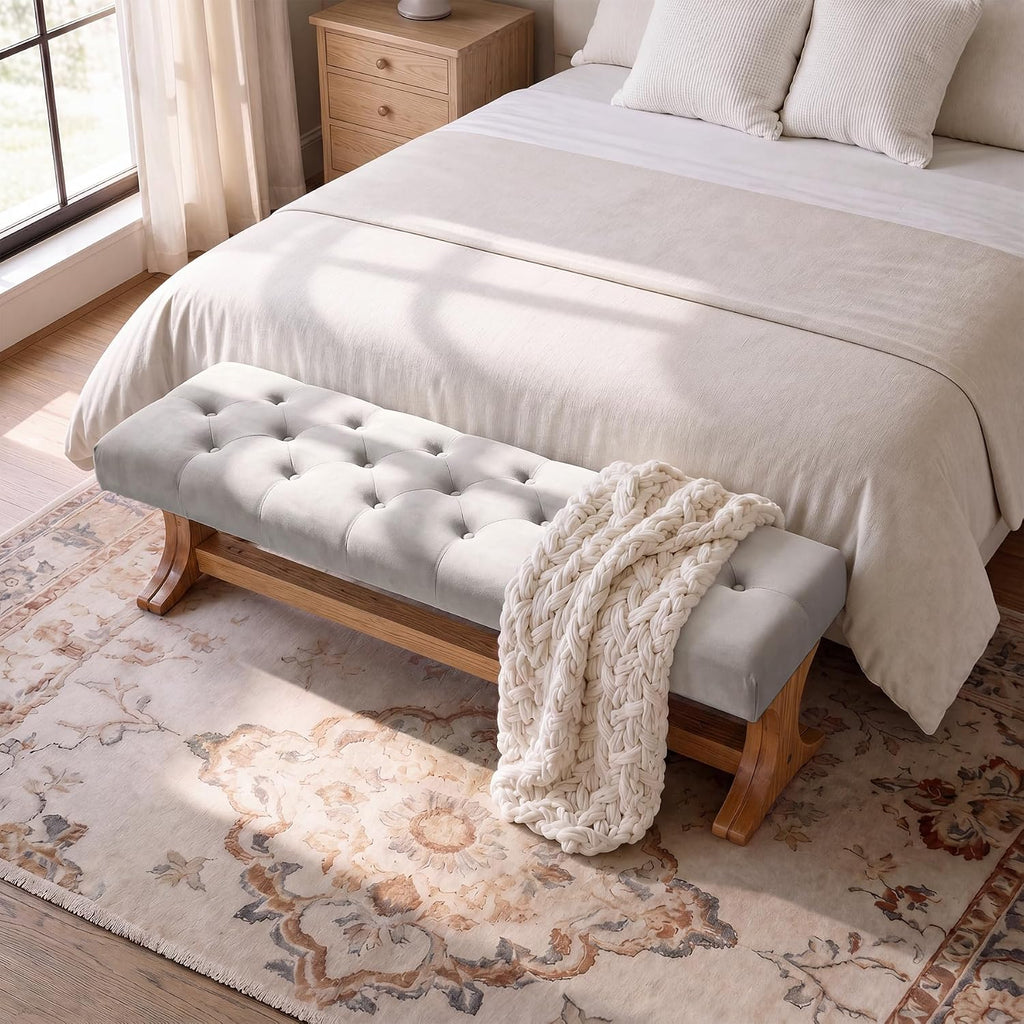 LITTLE TREE 55" Upholstered End of Bed Bench, Solid Wood Tufted Entryway Bench, Farmhouse Ottoman with Cushion for Bedroom, Foot of Bed, Living Room, Hallway, Light Gray