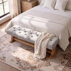 LITTLE TREE 55" Upholstered End of Bed Bench, Solid Wood Tufted Entryway Bench, Farmhouse Ottoman with Cushion for Bedroom, Foot of Bed, Living Room, Hallway, Light Gray