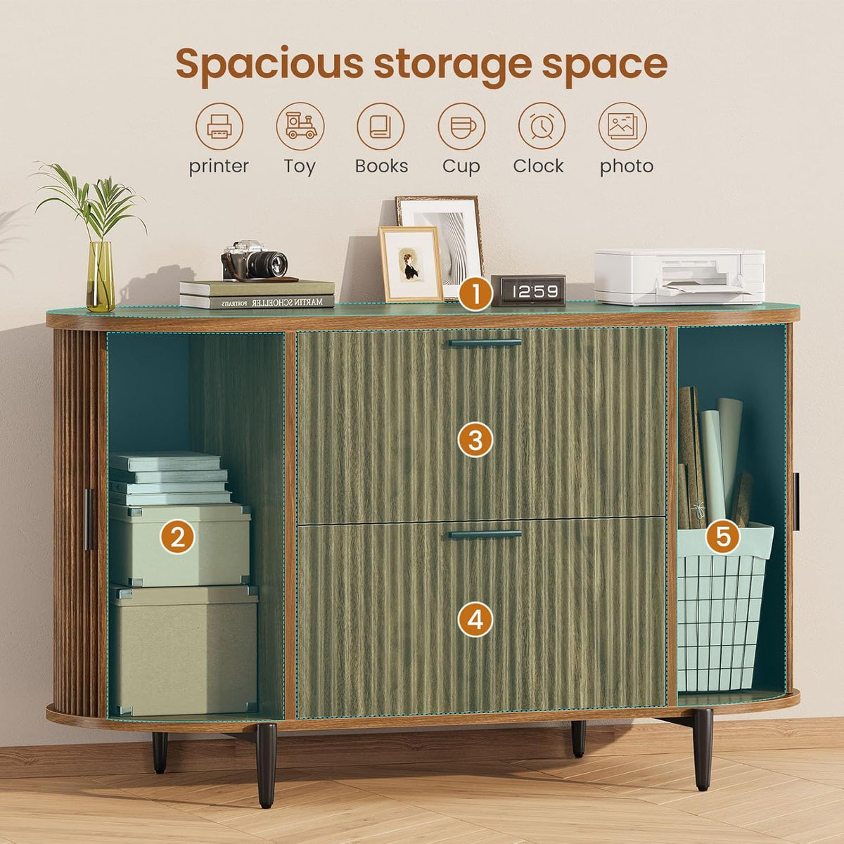 SEDETA Fluted 2 Drawer File Cabinet with 2 Sliding Door for Home Office | 39.4" Filing Cabinet for Home Office,fit Legal/Letter/A4 Siz,Modern File Cabinet with 2 Drawers,Printer Stand,Brown