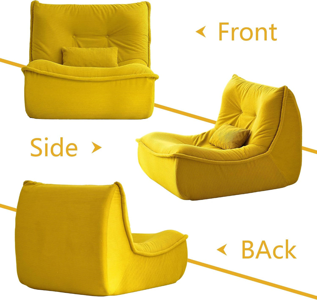 Bean Bag Chair for Adults, Single Lounge Chair with Lumbar Pillow, Comfy Floor Sofa with High-Resilience Foam, Lazy Accent Chair for Living Room, Bedroom, Apartment, Or Reading Corner, Yellow