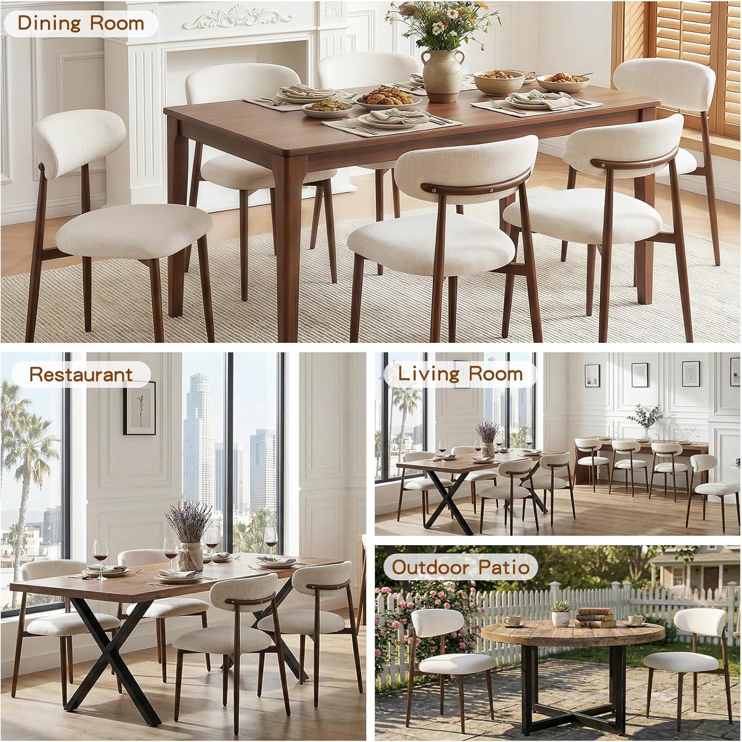 Furniliving Mid Century Modern Dining Chairs Set of 4, 300 lbs Capacity Upholstered Linen Kitchen Chairs with Walnut Grain Metal Legs and Ergonomic Curved Back, Beige