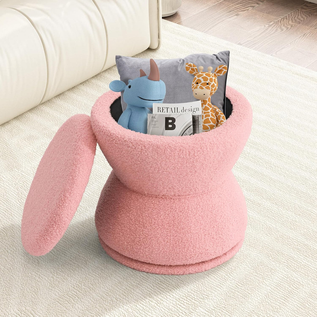 EazeHome Round Ottoman with Storage, 360° Swivel Boucle Ottoman Vanity Stool, Upholstered Footstool with Storage Removable Lid, Modern Footrest Coffee Table for Living Room, Dorm, Makeup Room, Pink