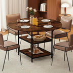 GOFLAME Round Dining Table for 4-6 People, 47” Kitchen Table with 2-Tier Storage Shelves and Heavy-Duty Metal Frame, Industrial Dinner Table for Kitchen, Dining Room, Apartment, Rustic Brown